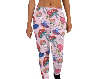 Women's Joggers - Dancing Magic Mushrooms - Pink Slim Fit Sweatpants - Trippy Psilocybin - Raver Hippie