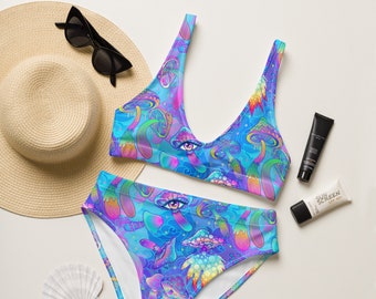 May include: A blue and purple bikini with a psychedelic mushroom print. The bikini top has a scoop neck and adjustable straps. The bikini bottom is high-waisted and has a full coverage back.