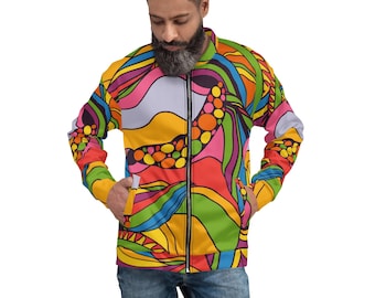 May include: A colorful zip-up jacket with a psychedelic pattern featuring swirls, lines, and dots in shades of pink, yellow, green, blue, and orange.