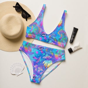Eco Friendly Swimwear, Colorful, High-Waisted Bikini, Recycled - Trippy Stoner Pattern - Magic Mushrooms - Blue Rainbow - Festival Swim