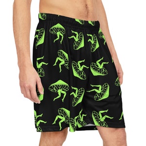 Black & Neon Basketball Shorts - Trippy Mushroom Design - Psychedelia - Colorful Sportswear - EDM Raver Fashion