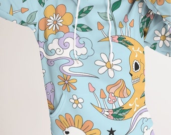 May include: A light blue hoodie with a colorful print of flowers, mushrooms, clouds, and a crescent moon with a skull face.