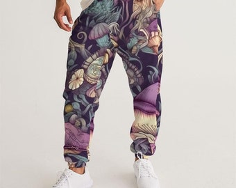 May include: Purple sweatpants with a colorful mushroom and floral print.