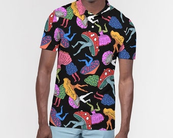 Men's Slim Fit Short Sleeve Polo - Trippy Mushroom Dancers - Colorful Shirt - Fitted Unisex - Psychonaut