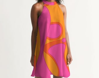 Women's Halter - Dress Lava Lamp Print - 70's Disco - High Neck Sleeveless Cocktail Dress - Above the Knee - Orange & Pink - Groovy