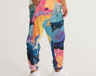 Men's Track Pants - Colorful Magic Waves -Trippy Rainbow - Elastic Ankle - Water Resistant - Zipper Pockets - Club Fashion - Lightweight