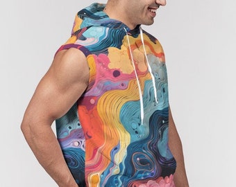 Men's Heavyweight Sleeveless Hoodie - Trippy Magic Rainbow Waves - Muscle Tee - Men's Hooded Shirt - Cut Off Hoody - Drawstring Hood