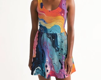 May include: A colorful, abstract print skater dress with a scoop neck and sleeveless design. The dress features a swirling pattern of blue, purple, orange, and yellow hues.