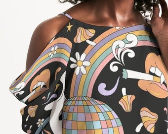 May include: Black off-the-shoulder top with a colorful psychedelic print. The design includes a rainbow, mushrooms, flowers, a disco ball, and lips smoking a cigarette. The top has thin straps and a unique cut.