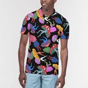 Men's Slim Fit Short Sleeve Polo - Trippy Mushroom Dancers - Colorful Shirt - Fitted Unisex - Psychonaut