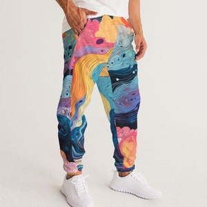 Herentrainingsbroek - kleurrijke magische golven - trippy regenboog - elastische enkel - waterbestendig - zakken met ritssluiting - clubmode - lichtgewicht