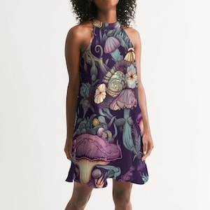 Women&#39;s Halter Dress - Dark Floral - Ethereal Mushrooms - Purple and Grey - Above the Knee - Fully Lined - Comfortable Sun Dress