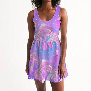 Scoop Neck Skater Dress -Psychedelic Print - Women's - Ethereal Colors - Magic Mushrooms - Lavender Purple - Trippy Stoner - Festival Wear