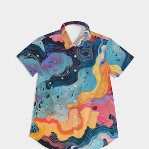 Damen Kurzarm Hemd - Hemd mit Kragen - Bunte Arbeitskleidung - Geschwungener Saum - Tragen Sie versteckt oder ausgezogen - Trippy Psychedelic Print
