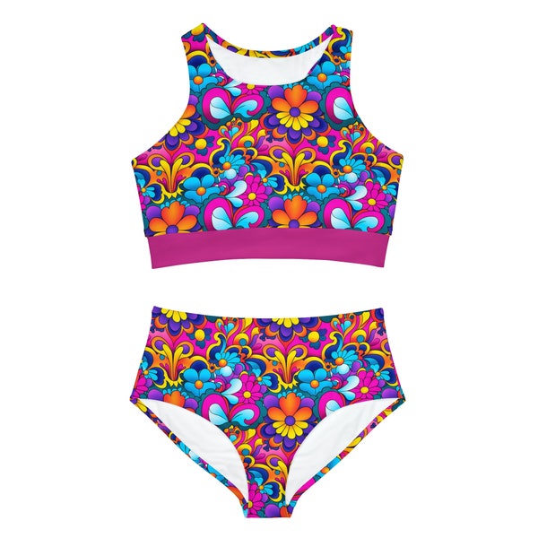 Sporty Bikini Set - Disco Hippy Look - Flower Power - Women's Funky Bathing Suit - Full Coverage Swim - Bright & Colorful - Modest - 1970's