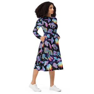 Long Sleeve Midi Dress - Psychadelic Mushroom Print - Stoner - Trippy - Women&#39;s Fit n Flare - Rainbow - Modest Outfit - Burner Festival