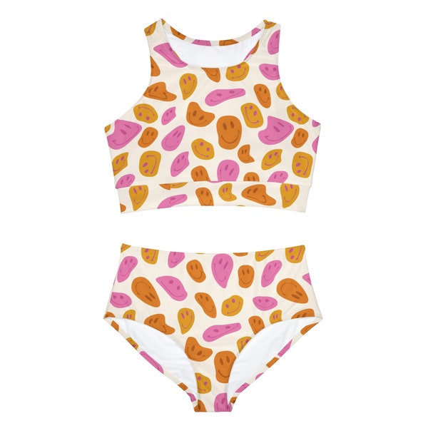 Sporty Bikini Set - Melting Smiley Faces - Groovy Swimwear - Trippy Two Piece - Women's Y2K Bathing Suit - Full Coverage Swim - Retro Colors