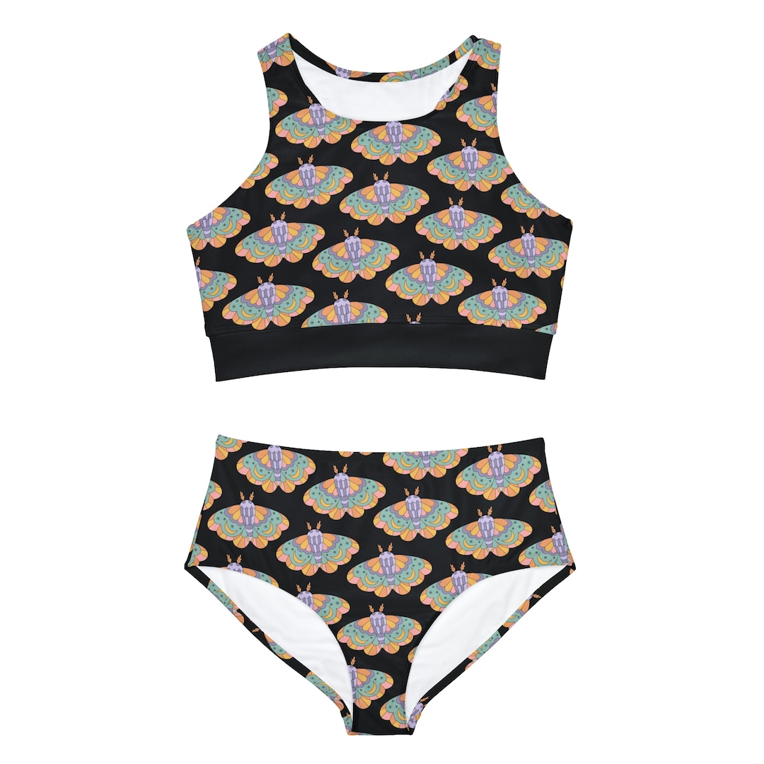 Sporty Bikini Set BOHO Moth Swimwear Black Two Piece Women's Racerback