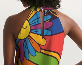 Women's Halter Dress - 70's Disco Dress - Trippy Summer - Colorful High Neck Dress - A-Line - Sleeveless Dress - Groovy Psychedelia Print