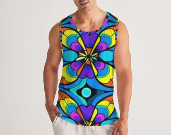 May include: A sleeveless tank top with a colorful geometric pattern featuring shades of blue, yellow, orange, purple, and green. The pattern is symmetrical and resembles a stylized flower.
