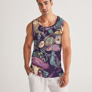 Herren Sport Tank - Lila & Grau - Dark Ethereal - Blumenpilze - Trippy Psychedelic - Festival Shirt - Polyblend U-Ausschnitt