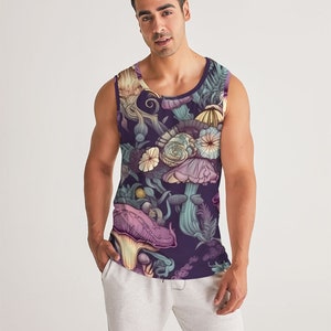 Men's Sports Tank - Purple & Gray - Dark Ethereal - Floral Mushrooms - Trippy Psychedelic - Sleeveless Festival Shirt - Polyblend U-neck