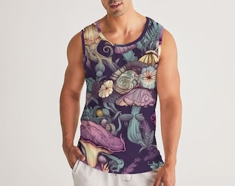 Men's Sports Tank - Purple & Gray - Dark Ethereal - Floral Mushrooms - Trippy Psychedelic - Sleeveless Festival Shirt - Polyblend U-neck