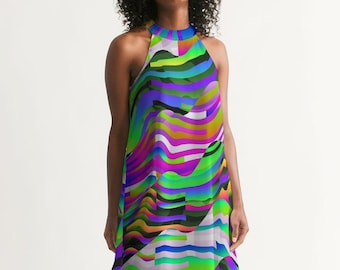 May include: A halter dress with a colorful abstract pattern of wavy lines in shades of pink, purple, blue, green, yellow, and orange on a black background.