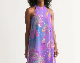 May include: A purple halter dress with a psychedelic print of mushrooms and stars. The dress has a flowing, A-line silhouette.