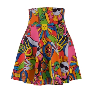 Women&#39;s Skater Skirt - Psychedelic 70&#39;s - Retro Circle Skirt - Trippy Floral - Colorful Funky - EDM Rave Festival - High Waist - Swirl