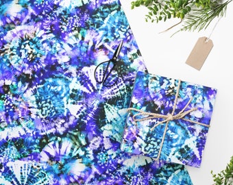 Shibori Wrapping Paper - Hippie Blue & White Gift Wrap - Bohemian style Tie Dye - Thick Fine Paper - Colorful Custom Gift Wrap - 60's