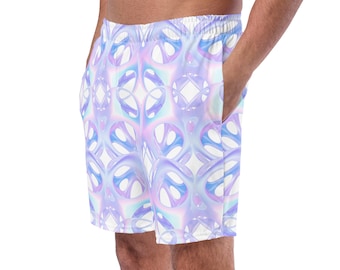 May include: White athletic shorts with a colorful abstract pattern in shades of blue, pink, and purple.