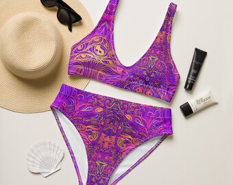 Bikini taille haute écologique - Violet psy-transe - Tourbillon champignon psychédélique - Polyester recyclé - Maillot de bain deux pièces - Maillot de bain pour femme