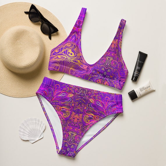 Eco High-Waisted Bikini - Psy-Trance Purple - Psychedelic Mushroom Swirl -  Recycled Polyester - Two Piece Swim - Women's Bathingsuit