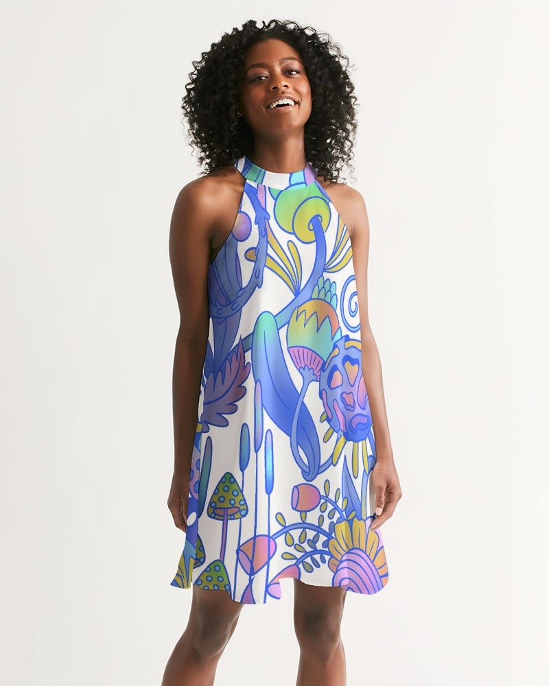 Women's Halter Dress in Cosmic Floral Print - Trippy Hippy Mushroom Pattern - Etsy Women's Halter Dress in Cosmic Floral Print - Trippy Hippy Mushroom Pattern - Etsy