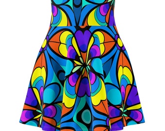 Women's Kaleidoscope Skater Skirt - Bright Colors - Trippy Fashion - Circle Skirt - Festival Wear - Comfortable - Above the Knee - Festival