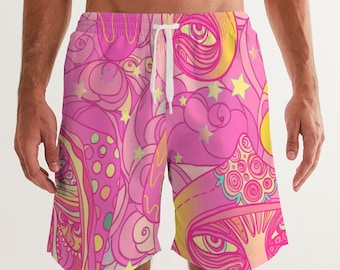 Men's Swim Trunk - Pink Psychedelic Mushroom Print - Psytrance EDM - Swim Shorts with Pockets