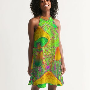rasta halter dress Women's - Green and Orange Magic Mushrooms - Hippy Trippy - Psychedelic - Festival Dress - High Neck - 60's / 70's - YGroup_KA5C18P8C