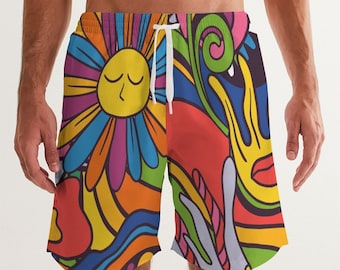 May include: Colorful men's swim trunks with a psychedelic pattern featuring a smiling sun, flowers, and abstract shapes.