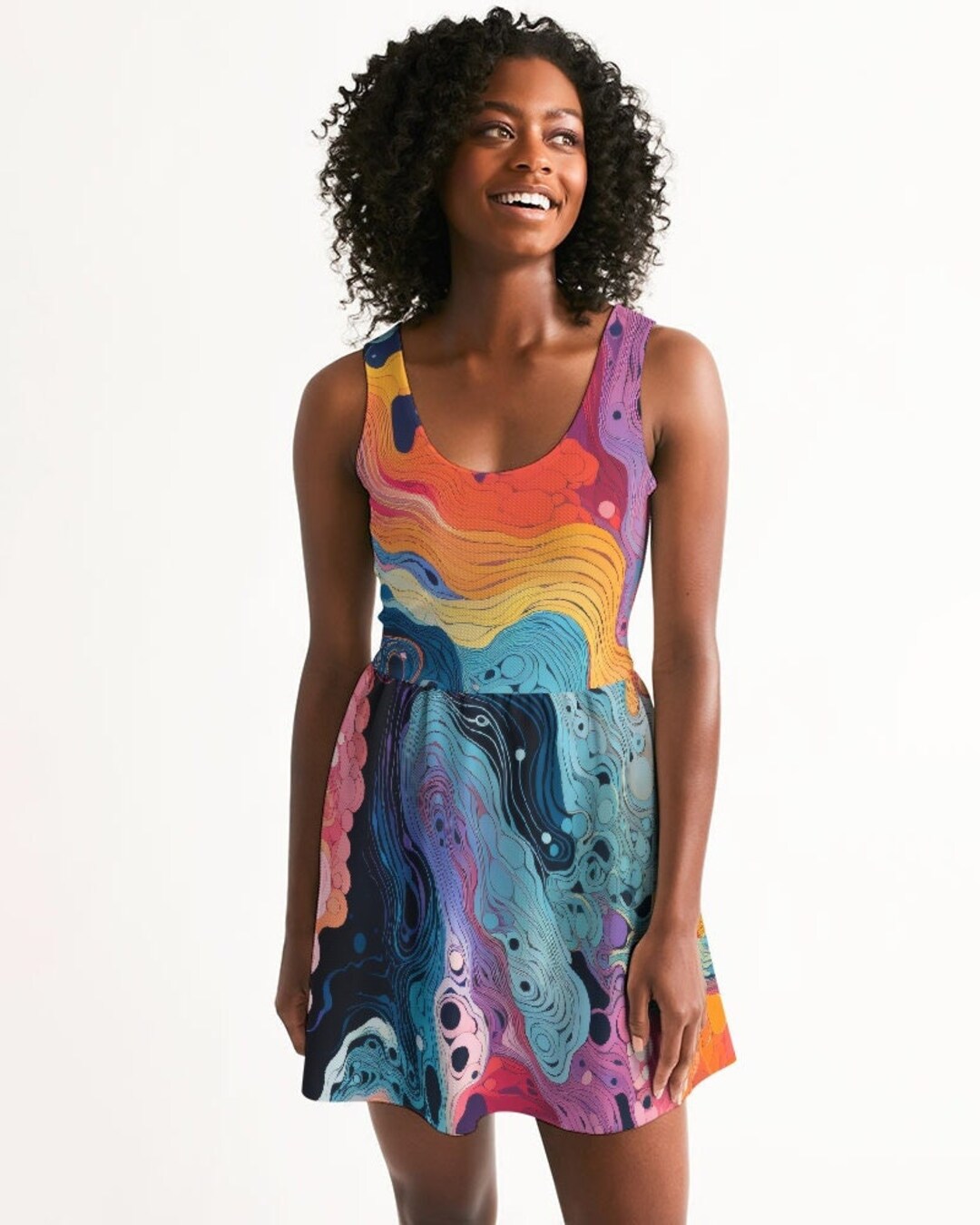 Women's Scoop-neck Skater Dress - Trippy Magic Waves - Colorful ...