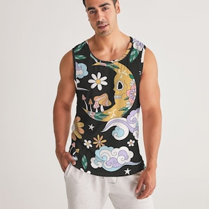 May include: Black tank top with a colorful, psychedelic design. The print features a yellow crescent moon with a skull, flowers, mushrooms, clouds, and stars. The tank top is sleeveless and has a rounded neckline.