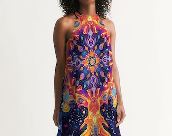 May include: A vibrant, halter-neck dress featuring a colorful, psychedelic pattern. The dress showcases a kaleidoscope of colors including purple, orange, yellow, and blue. The design has a cosmic theme with star-like details, creating a unique and eye-catching look.