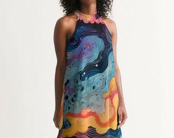 May include: A sleeveless halter dress with a colorful abstract print featuring swirling lines and shapes in shades of blue, yellow, orange, and pink on a black background.