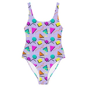 One-Piece Swimsuit in Barbiecore Geometric print - 80&#39;s Retro Bathing Suit - 90&#39;s Nostalgia - Memphis Print - Barbie - Colorful