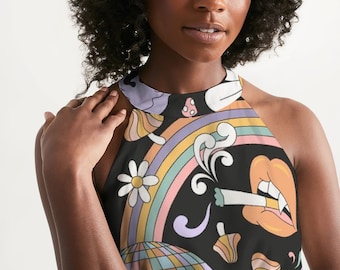 Women's Halter Dress in Trippy Disco Print - Stoner - Mushrooms - Party Outfit -Peace Sign - Y2K Vibes - Halloween
