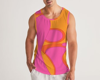 Men&#39;s Tank Top - Lava Lamp Print - Soft n Stretchy - Pink & Orange - Colorful Clubwear - Raver Fashion - Rib-Knit Trim - U-neck Cut - Groovy