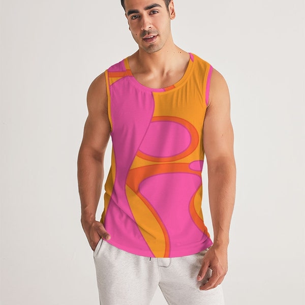 Men's Tank Top - Lava Lamp Print - Soft n Stretchy - Pink & Orange - Colorful Clubwear - Raver Fashion - Rib-Knit Trim - U-neck Cut - Groovy