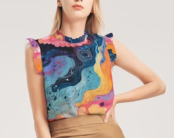 Women's Ruffle Sleeve Top - High Neck - Flutter Sleeves - Bare Shoulders - Work Friendly Blouse - Artsy Rainbow Waves - Unique Office Wear