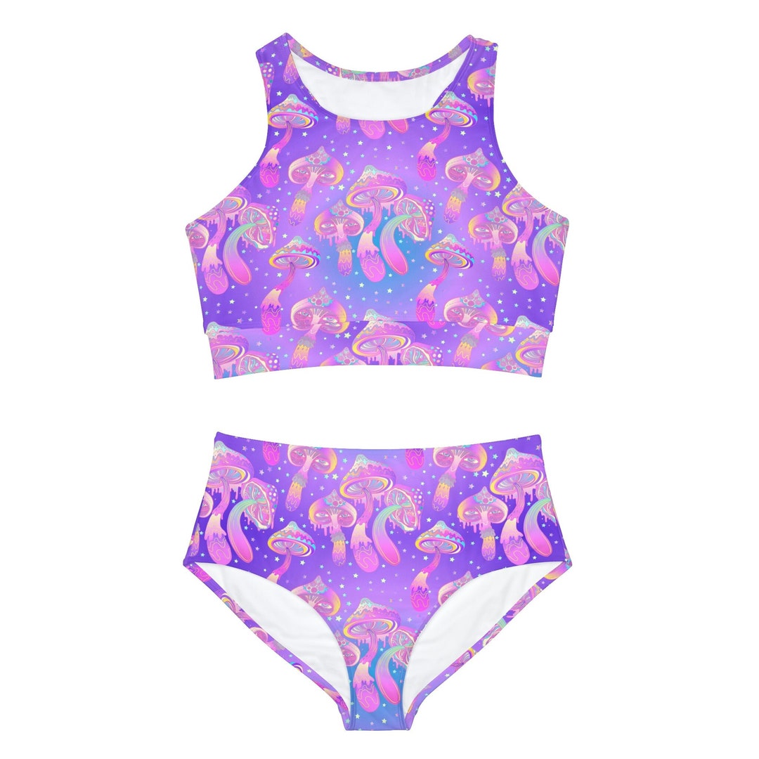 Sporty Bikini Set Purple Magic Mushroom Swimwear Trippy Two Piece Women's Raver Bathing Suit