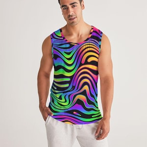 Men&#39;s Sport Tank - Trippy Neon Zebra -  Rainbow Waves - Psychedelic Club Wear - Sleeveless Raver Shirt - Swirl - Festival Gear - U-neck